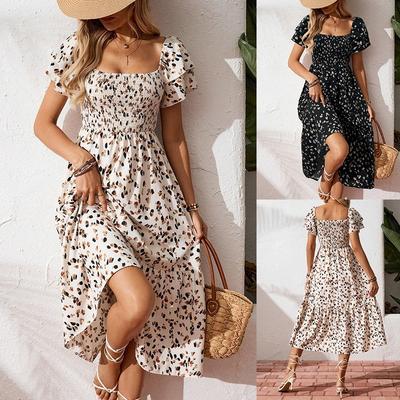 Fashion Short Sleeve Floral Printed Summer Dress Sexy Ruffled Square Collar Elegant Pleated A-line Party Dresses Casual Loose Slim Holiday Clothing