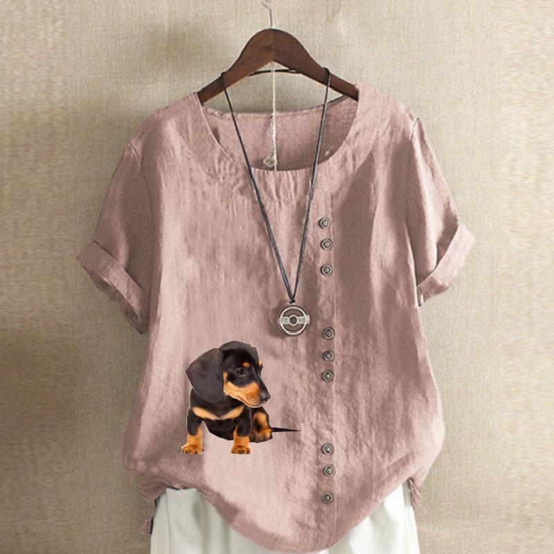 Women's New Fashion Linen Shirt Round Neck Short Sleeve Dog Printed T-shirt Summer Ladies Casual Plus Size Blouse Tops