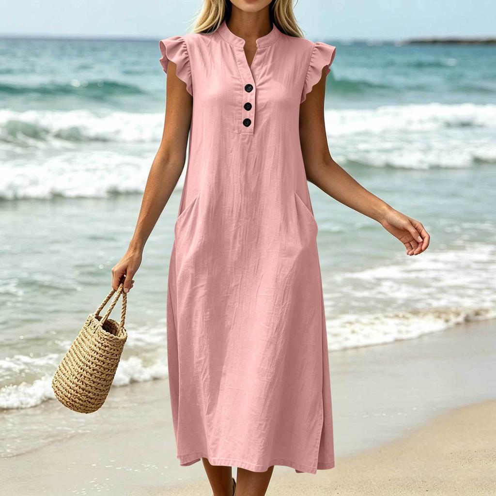 Women V Neck Dress Casual Midi Dress with Flutter Sleeves and Front Button Detail Pocket Dress Summer Loose Fit Dress
