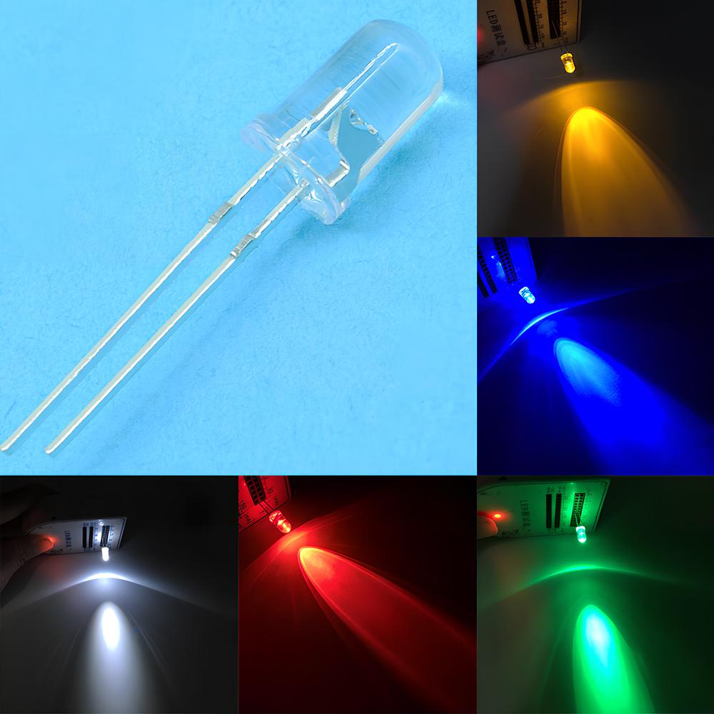 100 Stück 5mm Transparent Weiß Rot Grün Blau Rosa Rundkopf Helle Leuchtdiode LED 20000mcd 6000-6500k Licht