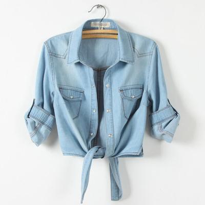 Pantalones cortos vaqueros de verano para mujer, chaqueta azul para mujer, pantalones cortos coreanos de manga holgada, ajustados con cuello redondo, chal fino, Tops finos de mezclilla Caot