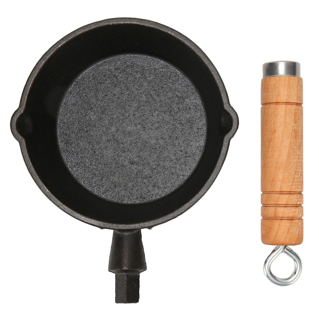 Frying Pan Cast Iron Skillet Drip Spouts Wooden Handle Stain Resistant Quick Heat Easy To Clean Cook Pan