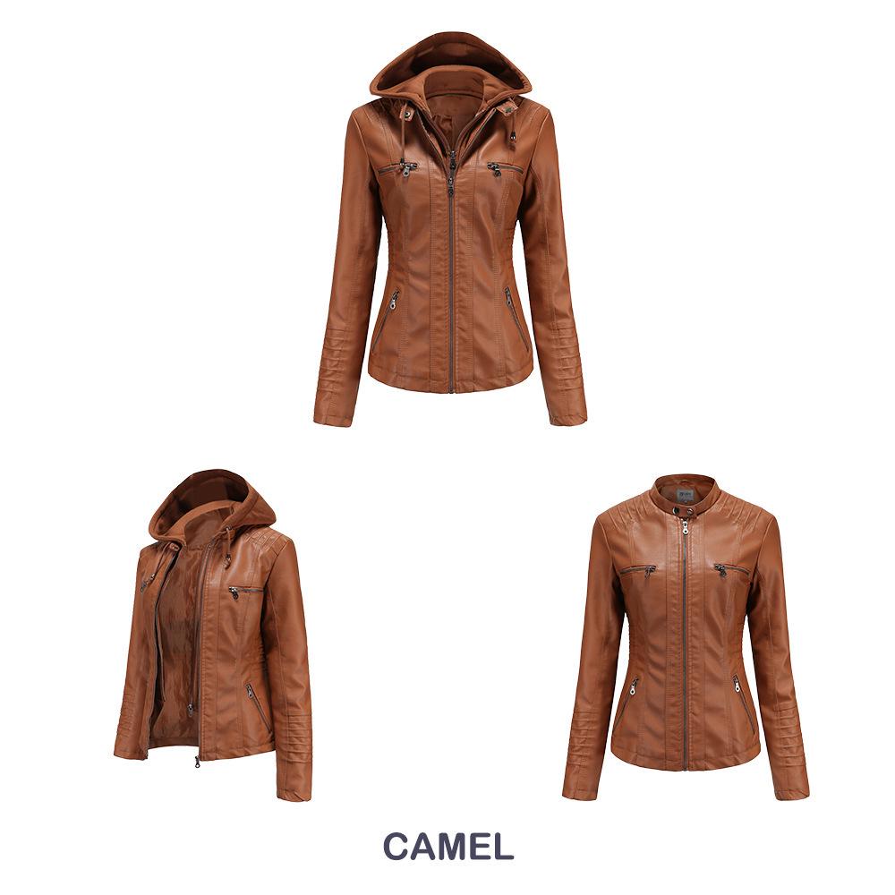 Women's Detachable Hooded Leather Jacket Set - European & American Style, PU Washed, Available in Large Sizes, Ideal for Spring & Autumn
