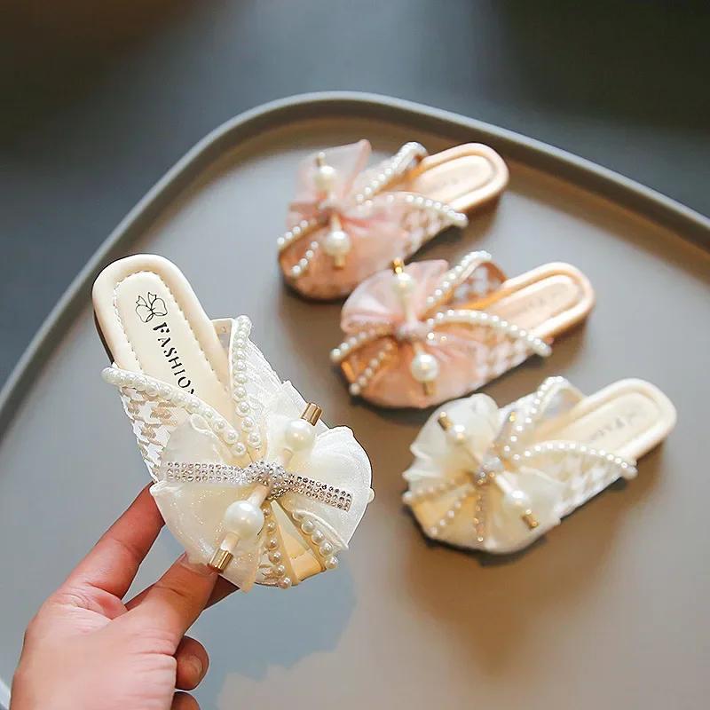 Girl's Lace Mesh Peep Top Flats 2024 Summer New Fashion Children Soft Simple Pearl Bow Covered Toes Princess Shoes for Vacation
