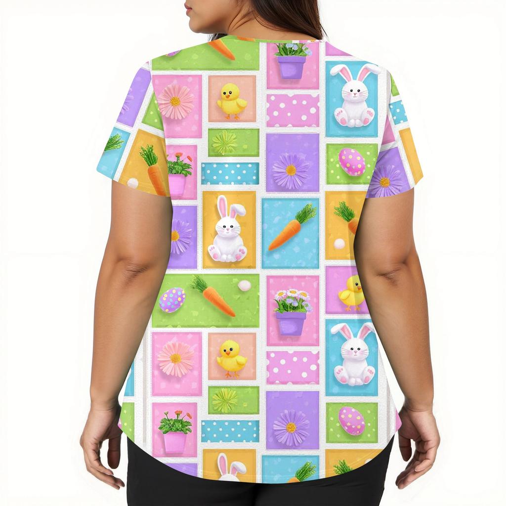 Women's Fashion V-neck Short Sleeve Workwear With Pockets Printed Tops