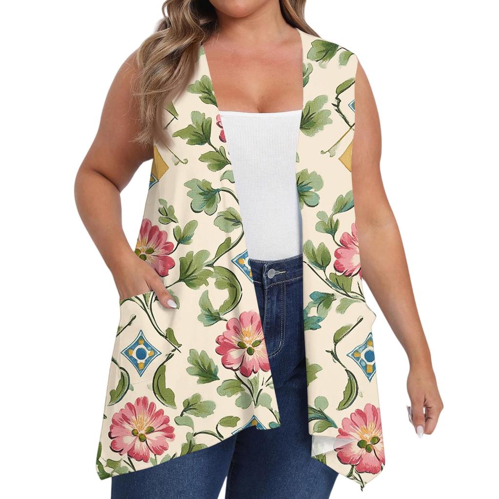 Women's Oversized Loose Casual Printed Sleeveless Vest With Pocket Cardigan Jacket Cardigan Jacket