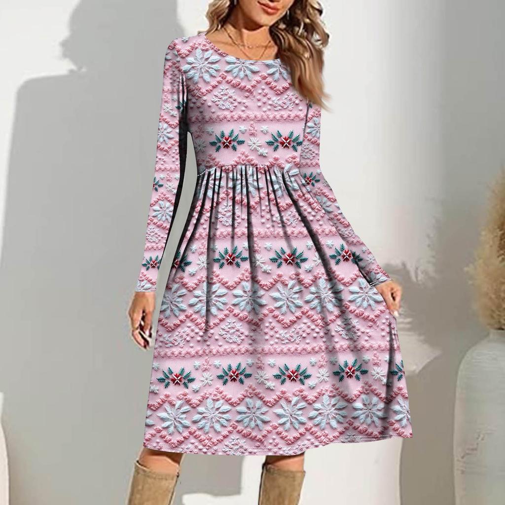 Robe Décontractée Imprimée Dégradé pour Femmes Printemps Poche Col Rond Robes Manches Longues