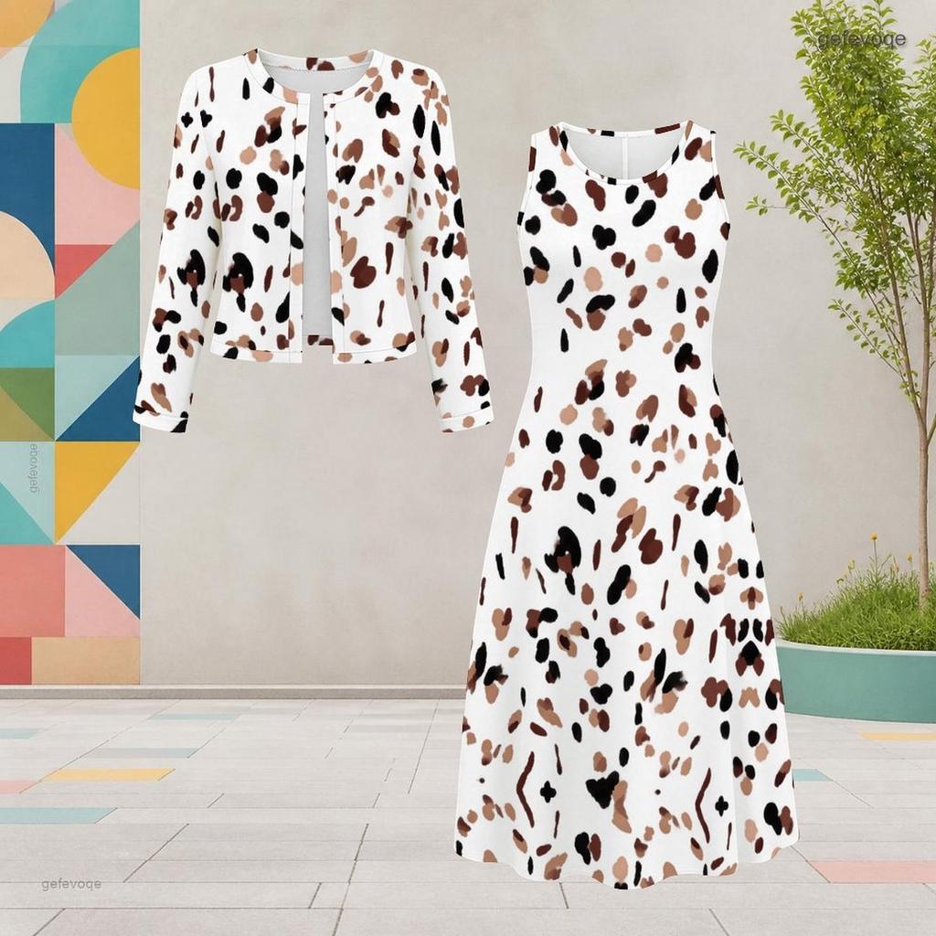 Women Plus Size Two Piece Dress Set Round Neck Long Sleeve Cropped Cardigan Sleeveless Printed White Dress