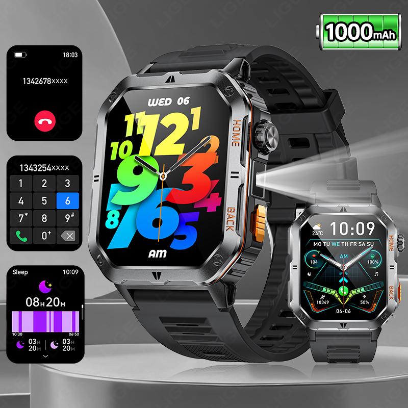 Men Smart Watch For Android IOS 1000mAh Flashlight 3ATM Waterproof Fitness Watches Voice Bluetooth Call 2.01" HD Smartwatch