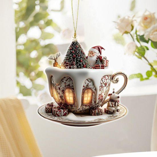 Yousheng 4 Pcs 2D Acrylic Christmas Ornament Cup Shaped Hot Cocoa Hanging Ornaments Snow Village House Xmas Tree Decoration for Tree Car Decor