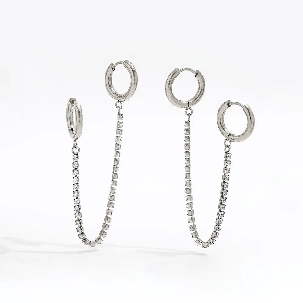Fenny No Fade 18K Gold-plated Zirconia Pave Chain Tassel Double Ciecle Huggie Earring Stainless Steel Ladies Jewelry