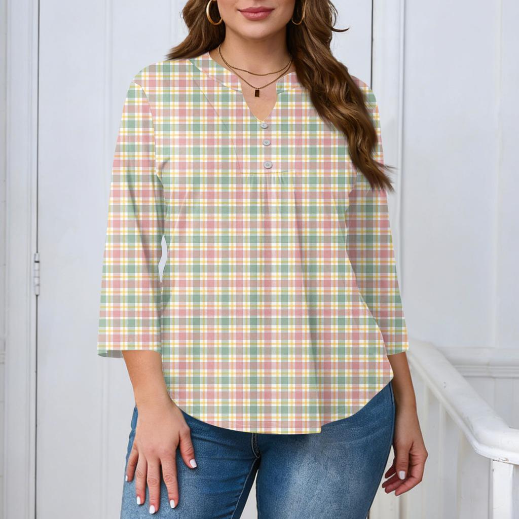 Women's Plus Size Fashionable Casual Loose Fit Three Quarter Sleeve Elegant Button Up V Neck Top