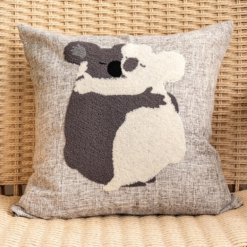 Cotton and Linen Cartoon Towel Embroidered Pillow Case Animal Pattern Children's Room Decorative Cushion Bedside Pillow