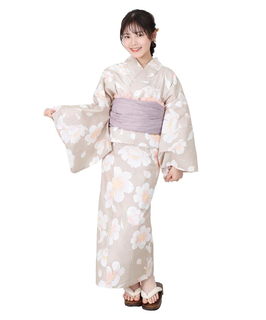 Junior Yukata Set 2 Easy to Dress (Separate, Obi, Pieces), Small, (Beige, Small, JSP-24)