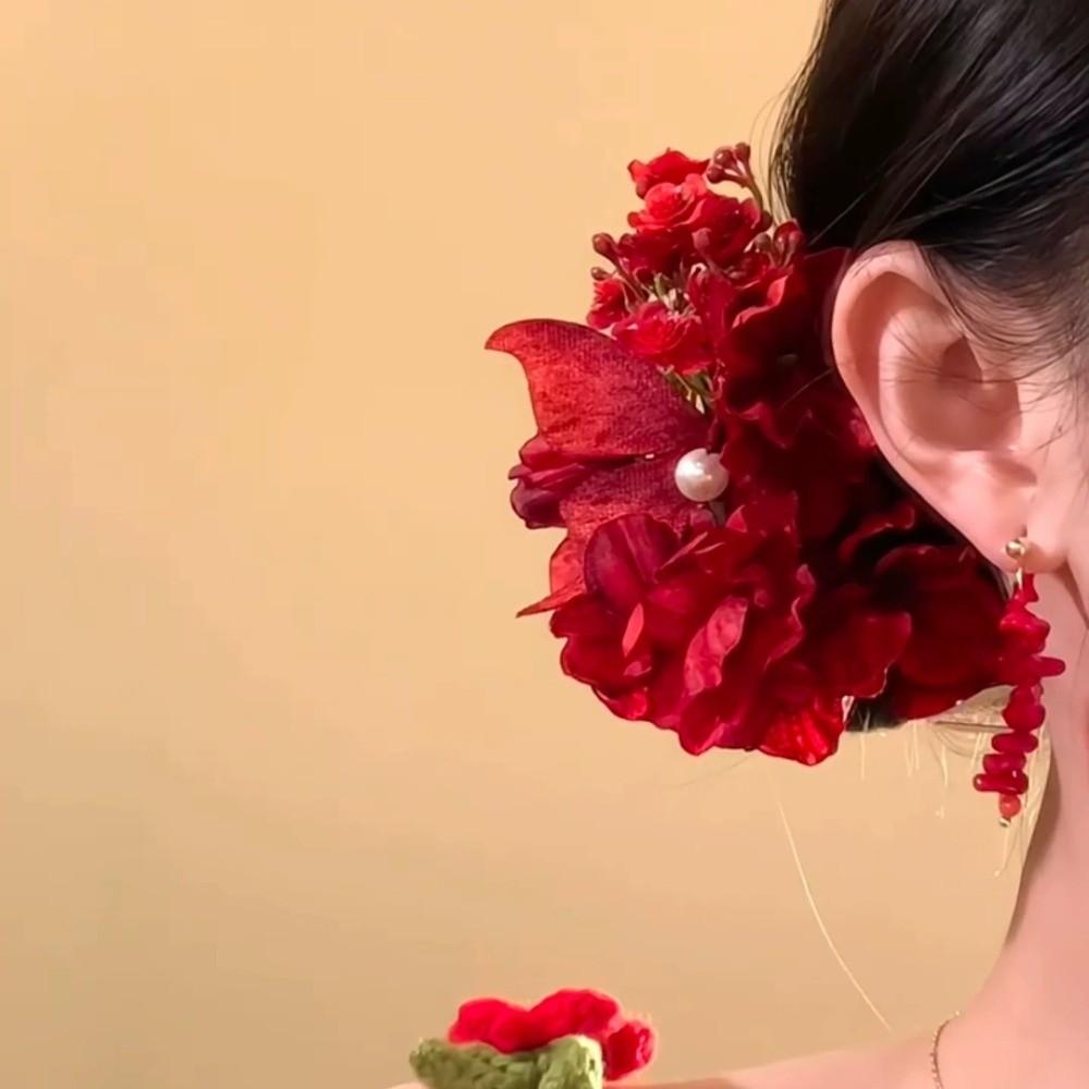 Red Chinese Style Hair Clip Butterfly Flower Hairpin Elegant Hanfu Hair Accessories  Wedding Party