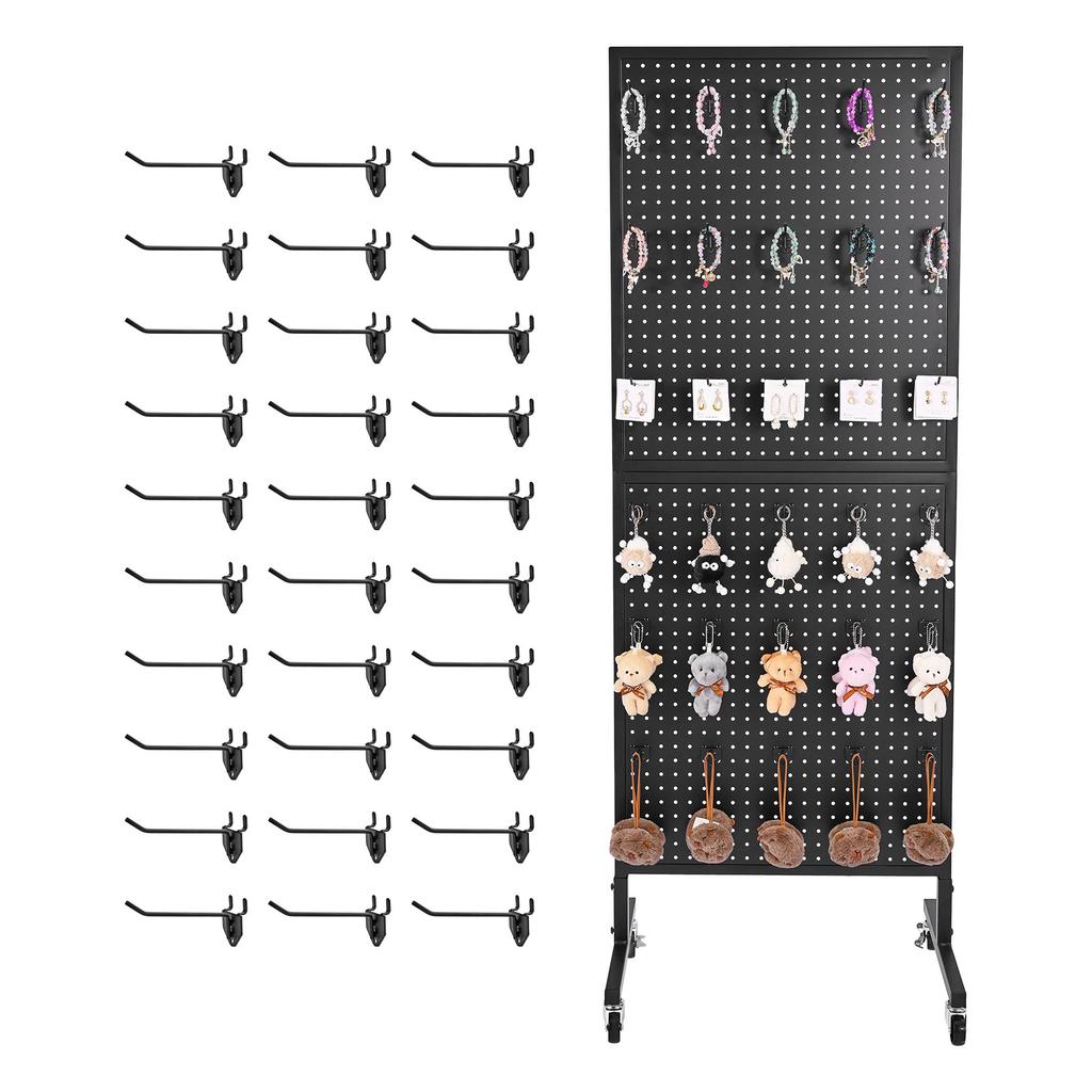 SucceBuy Standing Pegboard Display 23.6 X 63 In W/ Swivel Casters and 30 Hooks Thickened Cold-Rolled Steel Peg Board Panel Black