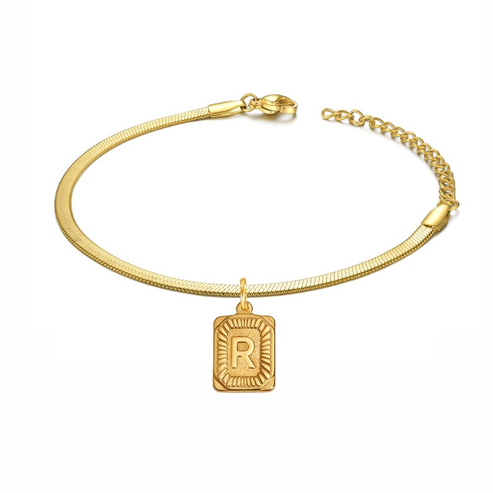 Punk Initial Letter Square Charm Bracelet Female Gold Color Stainless Steel 3mm Flat Snake Chain Link Bracelet for Women Jewelry