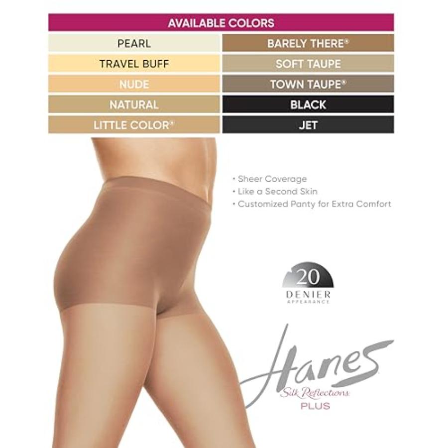 Hanes Silk Reflections Plus Size Women'S Silky Sheer Tights Control Top, Enhanced Toe, Wicking Cool Comfort 20 Denier