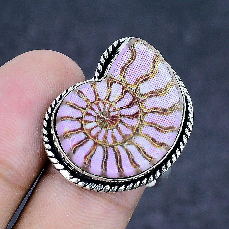 Ammonite Fossil Gemstone Handmade 925 Sterling Silver Jewelry Ring Size 8.5 u6O58