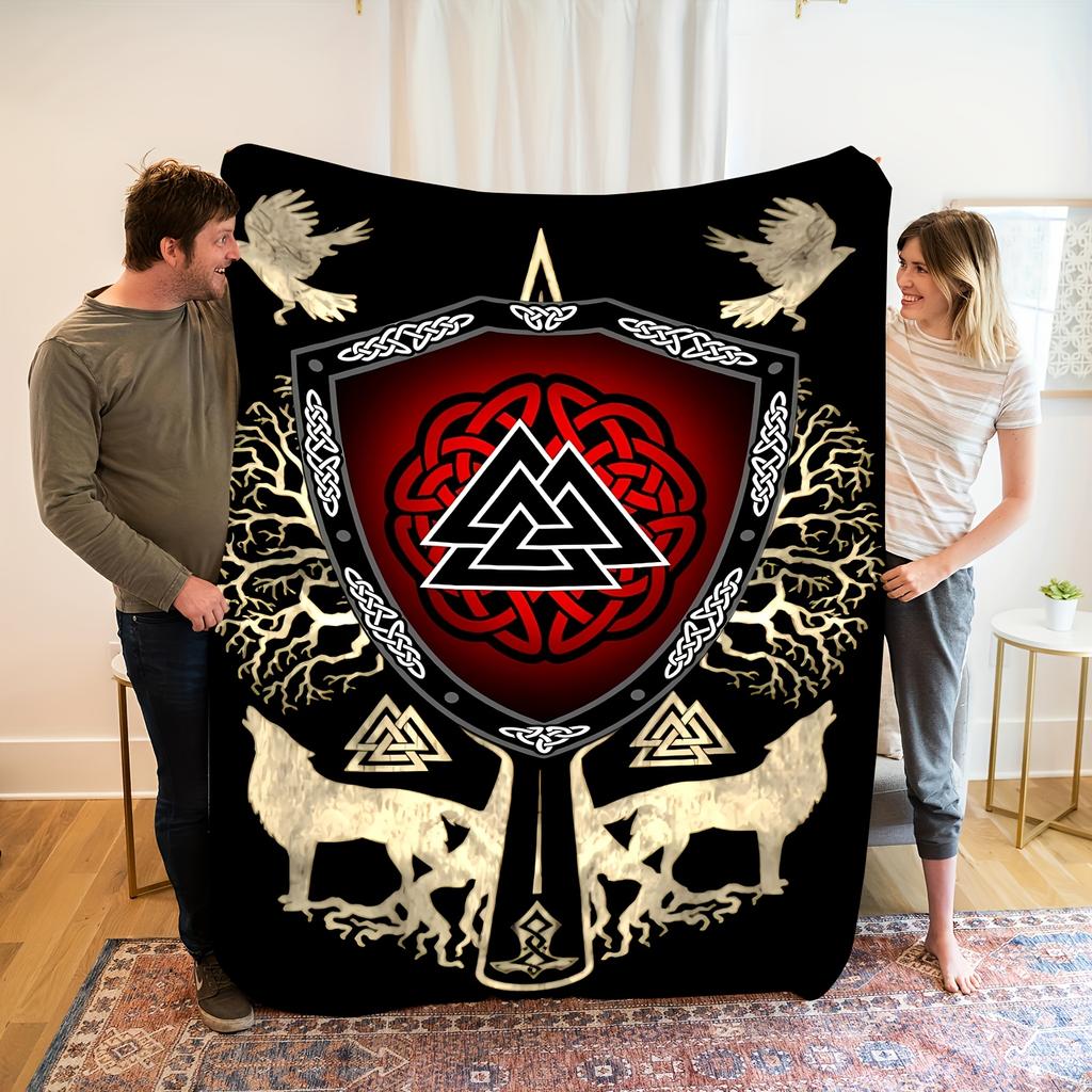 Viking Valhalla Flannel Blanket - Norse Myth with Celtic Knots & Tree of Life, Soft Cozy Throw for Camping/Decor/Gift"