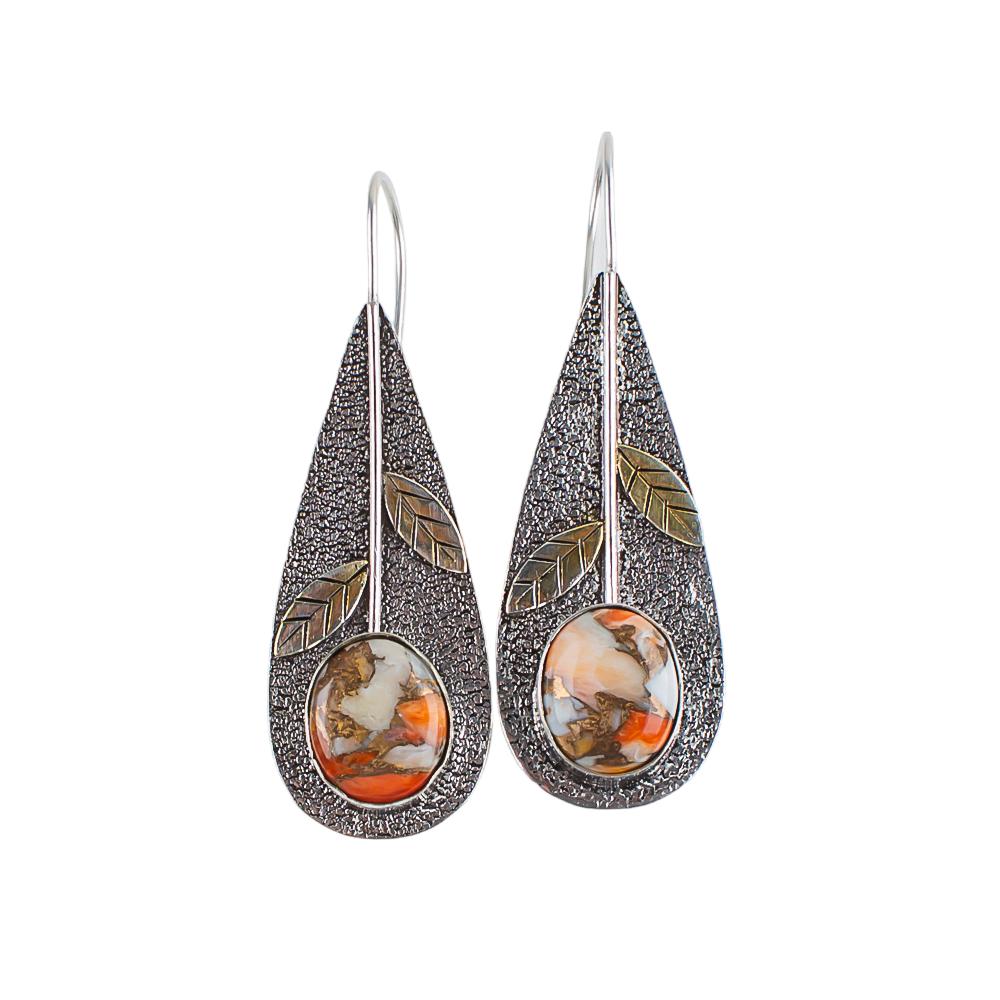 Orange Copper Turquoise Gemstone 925 Sterling Silver Handcrafted Earrings 2.00" EE-72-36