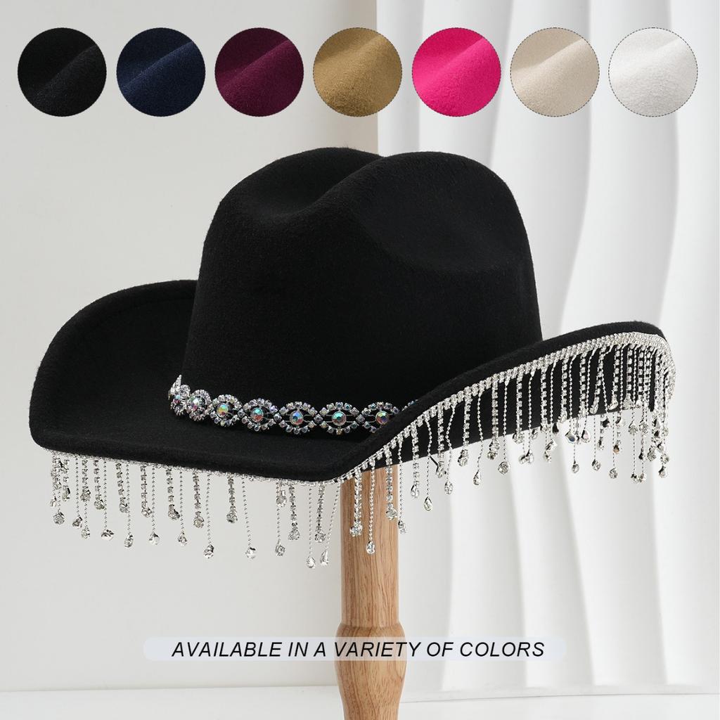 Ladies Wedding Bridal Top Hat, Western Curled Cowboy Hat, Eye Jewel with Fringed Rhinestones, Holiday Travel