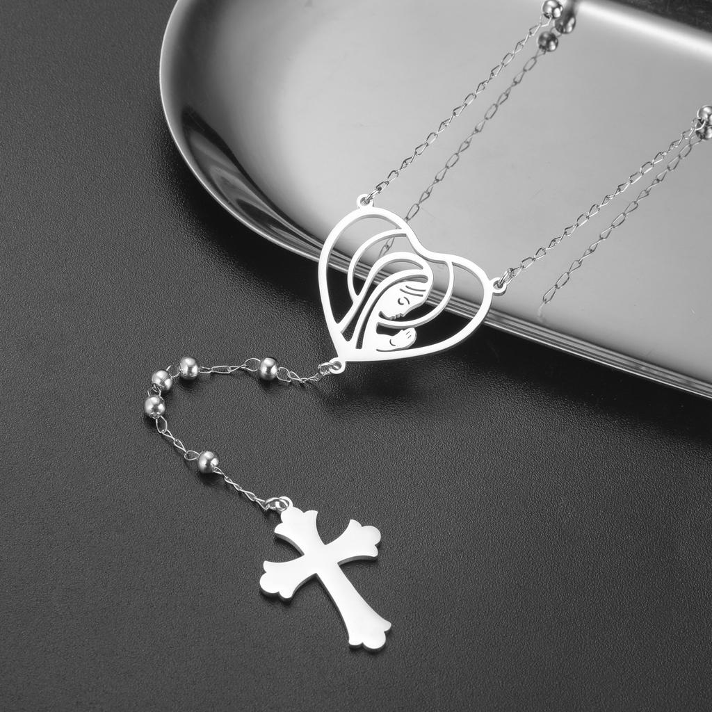 Virgin Mary Heart Pendant Necklace Stainless Steel Praying Mary Rosary Cross Christian Religious Amulet Catholic Jewelry Gifts