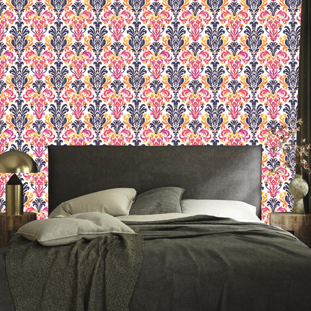 Papel de Parede Damasco Barroco em Roxo e Coral para Sala de Estar e Quarto 50x1000