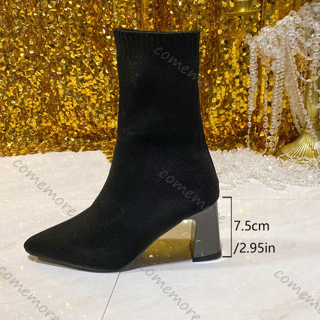 Comemore High-heeled Short Sock Boots 2025 Spring Autumn Casual Pointed Toe Black Women's Boots Elastic Botines Large Size 35-42