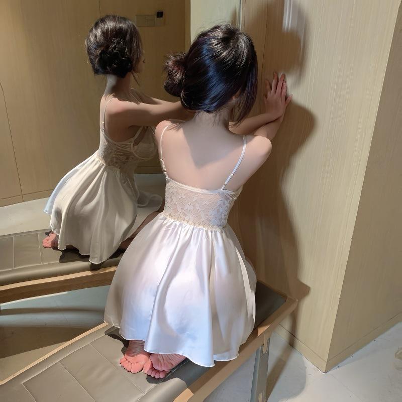 Sexy Underwear French Suspender Skirt Satin, Deep V Lace Bow Nightdress Pure Desire Backless Premium Pajamas