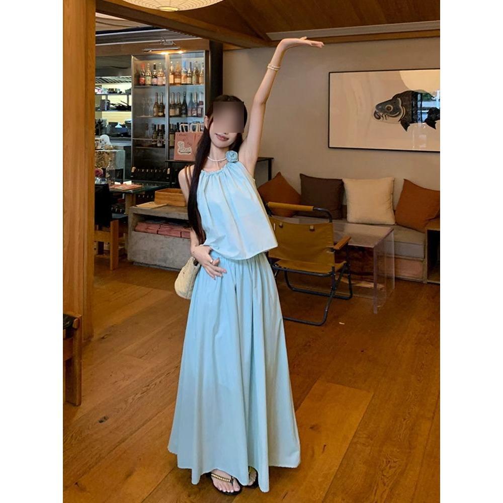 

Women s Summer Green Elegant Two-Piece Set: Sleeveless Top & Midi Skirt L-(suggested for 100-110 jin)