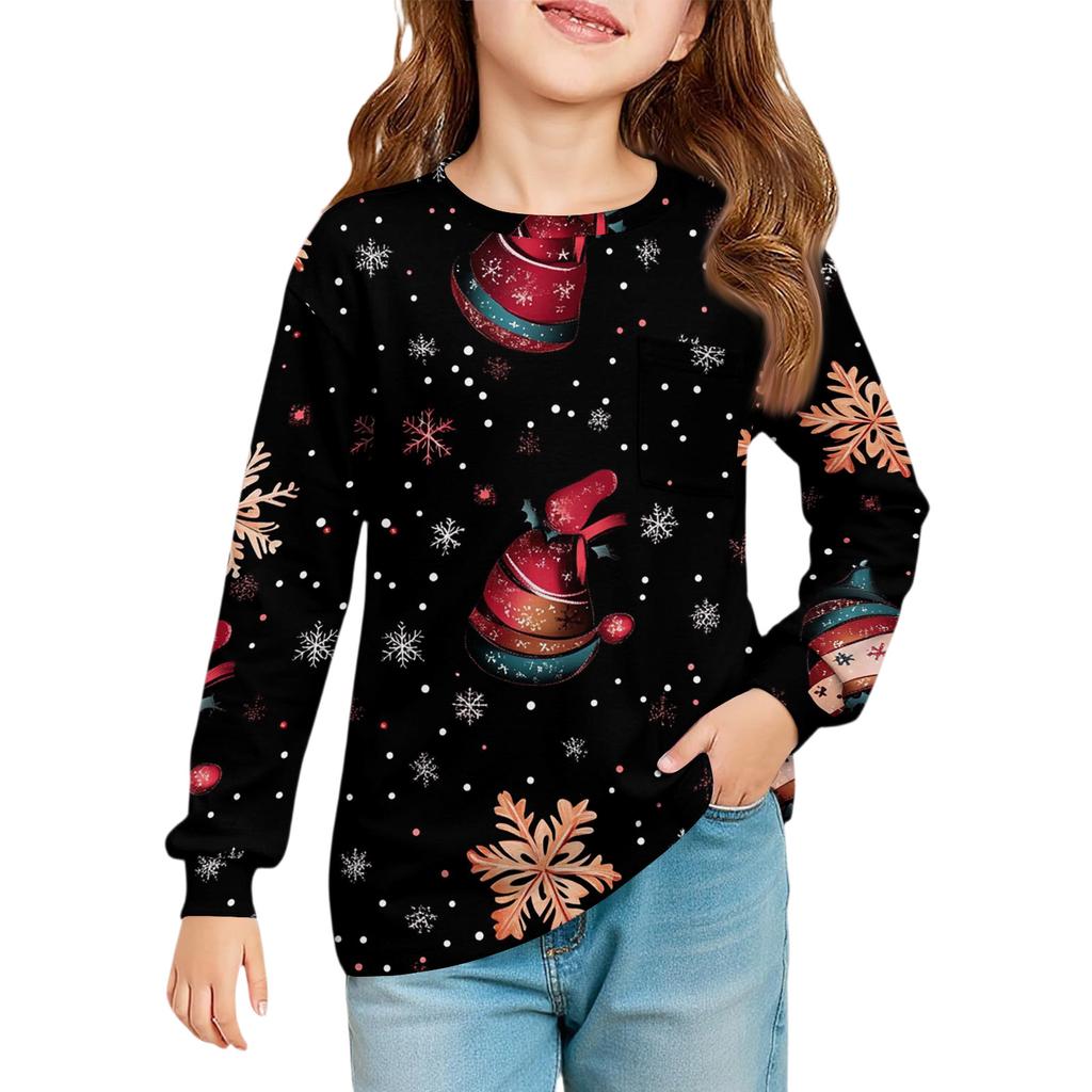 Christmas Day Girls' Long Sleeve Blouse - Round Neck Soft Waist Tunic