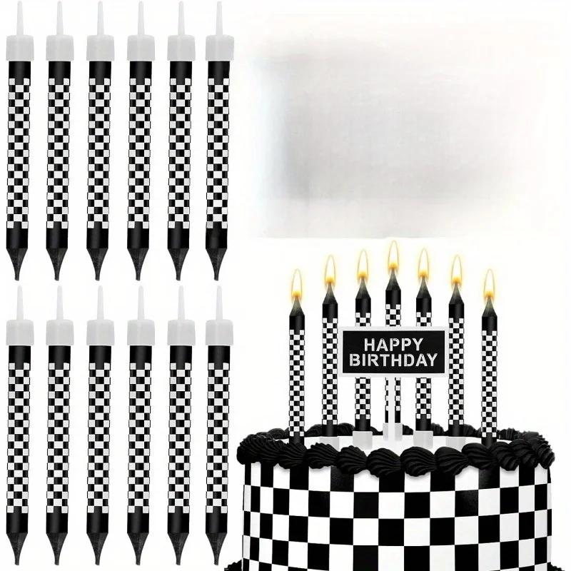 1/6/12/13pc Black and White Birthday Checkered Candles and Cake Topper Racing Cars Candles Sparkler Candles for Racing Car Party