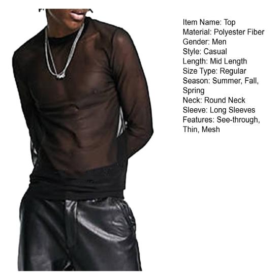 Men Mesh Top Ultra Thin See-through O Neck Long Sleeves Solid Color Stretchy Slim Fit Muscle-Enhancing Party Homewear Club Dance Performance T-shirt