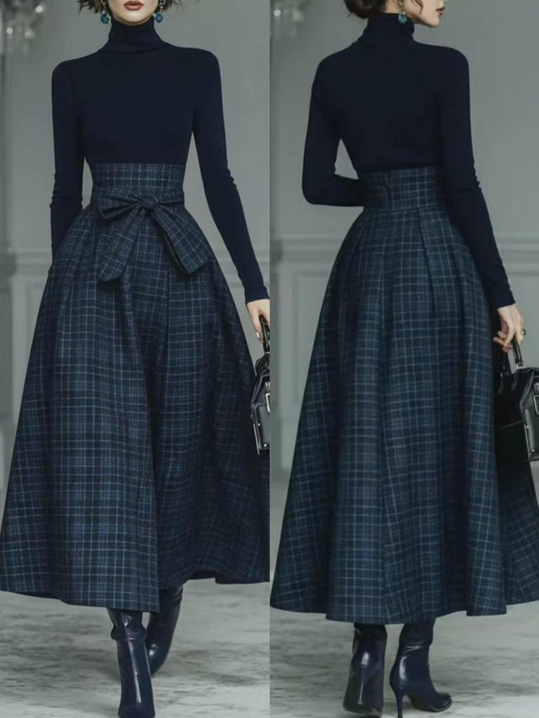 Abito Francese Elegante 2026: Tessuto a Quadri Patchwork Monocolore, Manica Lunga per Primavera/Autunno