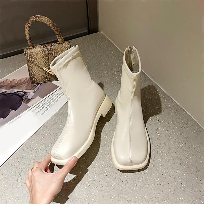 Fashion Women White Mid Calf  Boots Low Heel Elasticity Ankle Boots Woman Winter Fashion Autumn 2024 Chelsea Booties Ladies Shoes