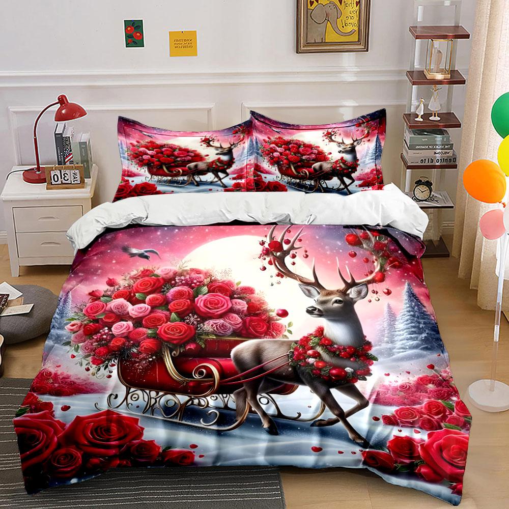 "Christmas Reindeer Sleigh Decor Set" Soft Skin-Friendly Bedding Set Includes 1 Duvet Cover And 2 Pillowcase Gift