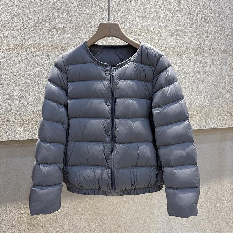 New round neck puff down jacket women's short simple casual warm white duck down ribs jacket