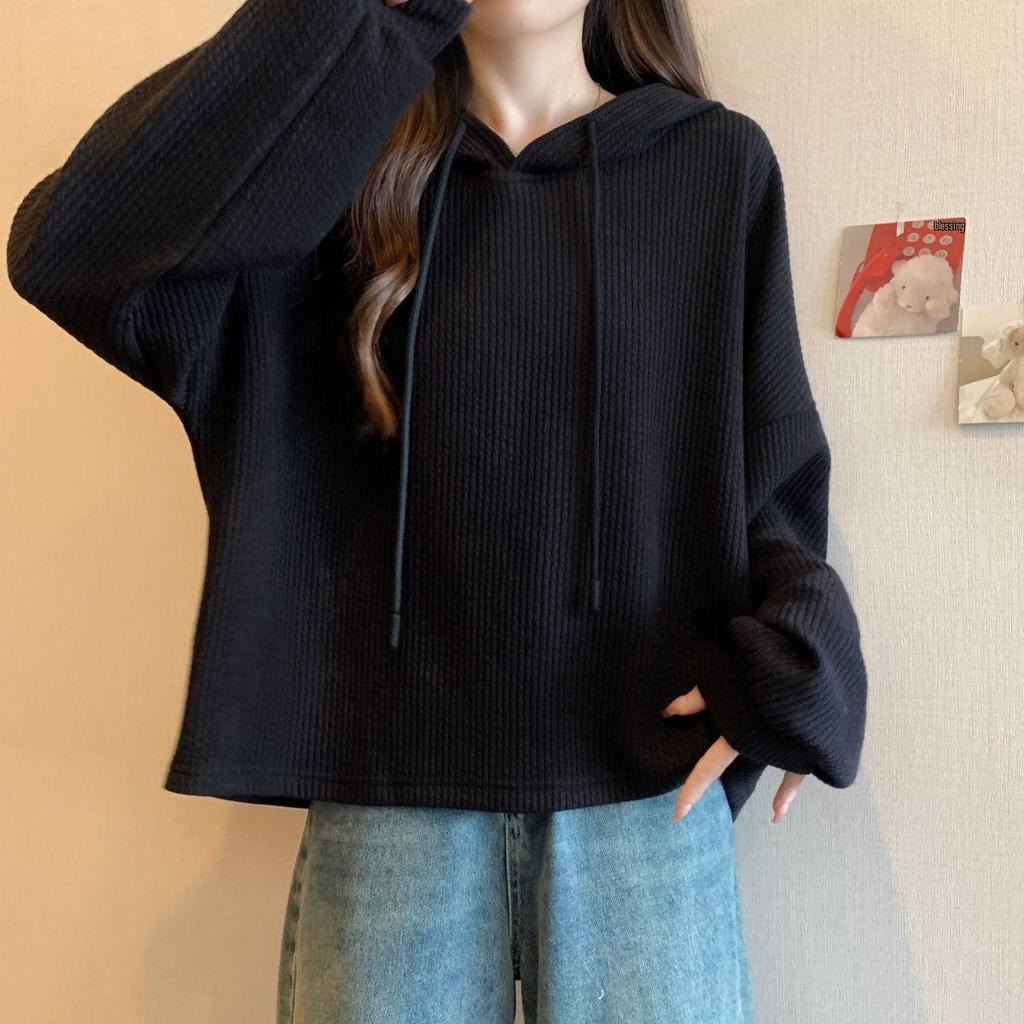 Women's Plus Size Ribbed Hooded Long Sleeve T-shirt - Autumn Loose Fit, Slimming, Stylish Top