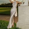 Women's Halter Sleeveless Maxi Dress Slim Fit High Waist Backless Solid Satin Elegant Bodycon Evening Gown