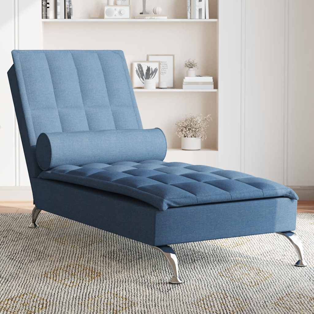 Massage Chaise Longue with Neck Roll Blue Fabric