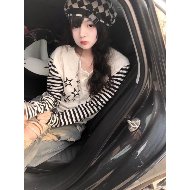 Streetwear Long Sleeve T Shirts Harajuku Women Punk Star Print Casual Striped  Shirt Japanese Y2k Aesthetic Grunge Ee