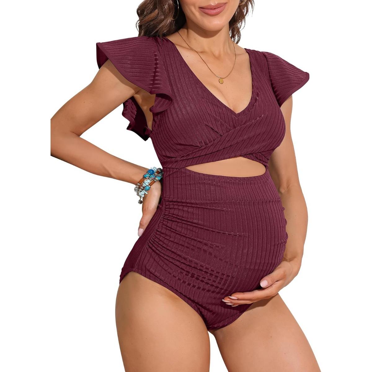 

Купальник Charmleaks для беременных, цельный купальный костюм в рубчик с рюшами и рукавами, с рюшами и вырезом на завязке, купальник для беременных S бордовый
