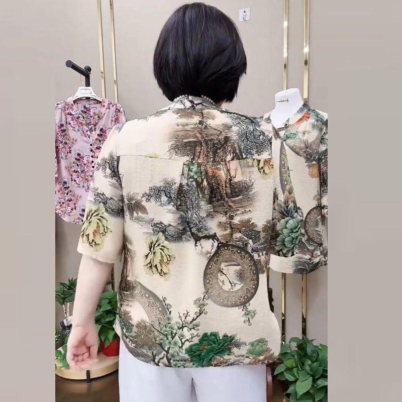 Women's Silk Blouse Summer Loose Floral Plus-Size Shirt V-Neck Printed Silk Shirt