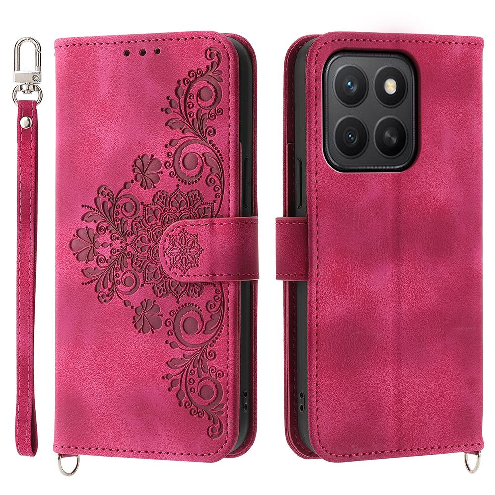 

Чохол для Honor X8c 4G з квітковим візерунком, гаманець з ПУ шкіри, чохол для телефону зі шнурком Wine Red