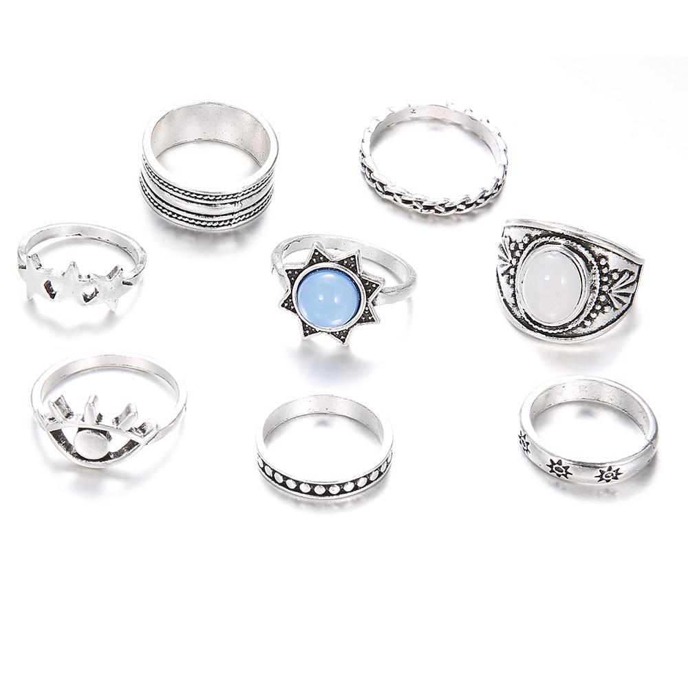 Legierung Antik Silber Teufelsauge Stern Edelstein 8-teiliger Damenring