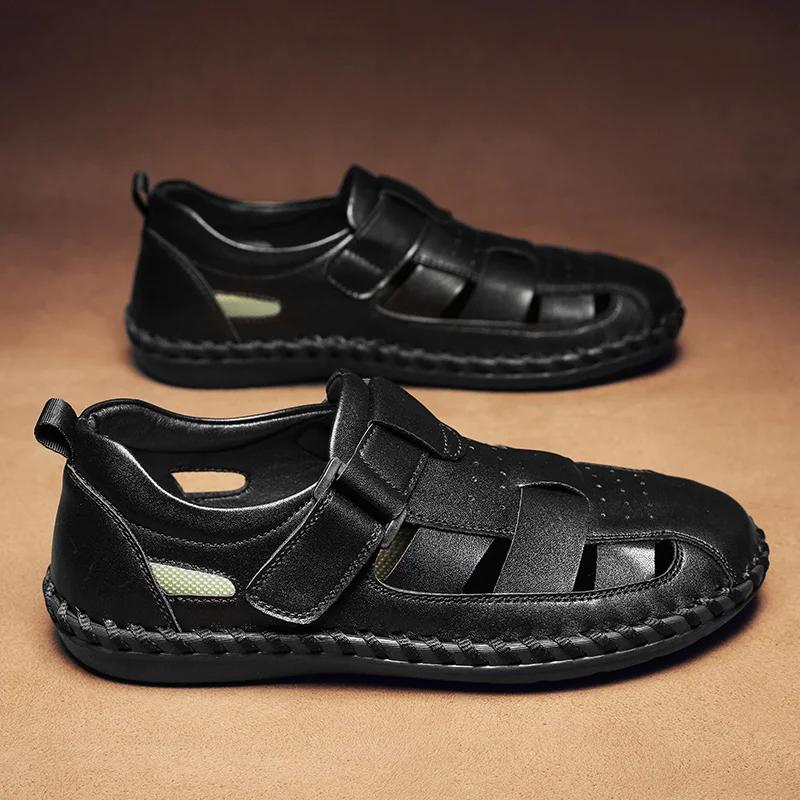 Fashion New Leather Summer Loafers Breathable Mens Sandals Durable Handmade Stitching Beach Flats Non Slip Outdoor Man Slip On Sandals