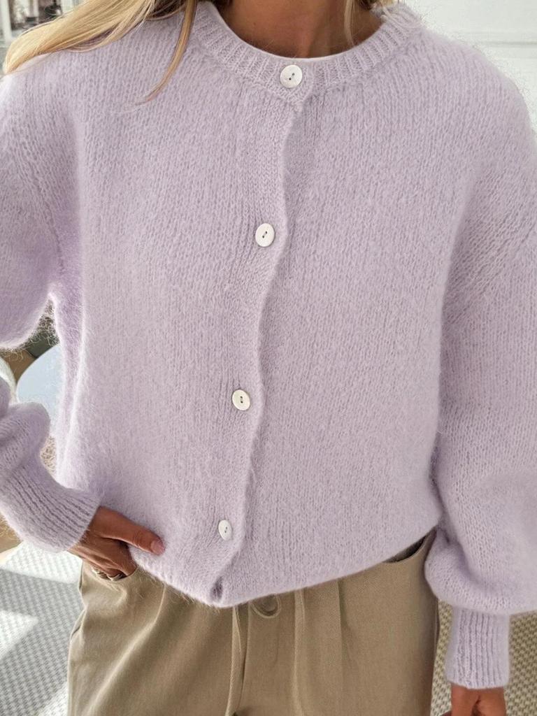 Elegante Damen-Strickjacke mit Knöpfen - Herbst/Winter Unifarbener Rundhals-Pullover