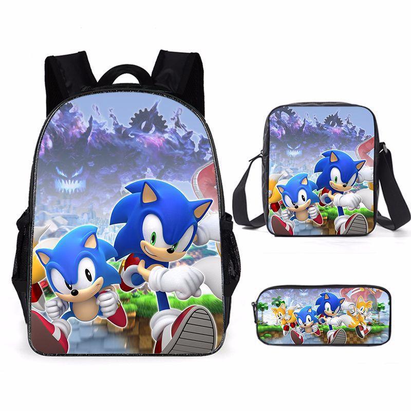 Sonic Primary School Student Schoolbag Three-Piece Set, Animation Cartoon Backpack, Shoulder Bag Pencil Case