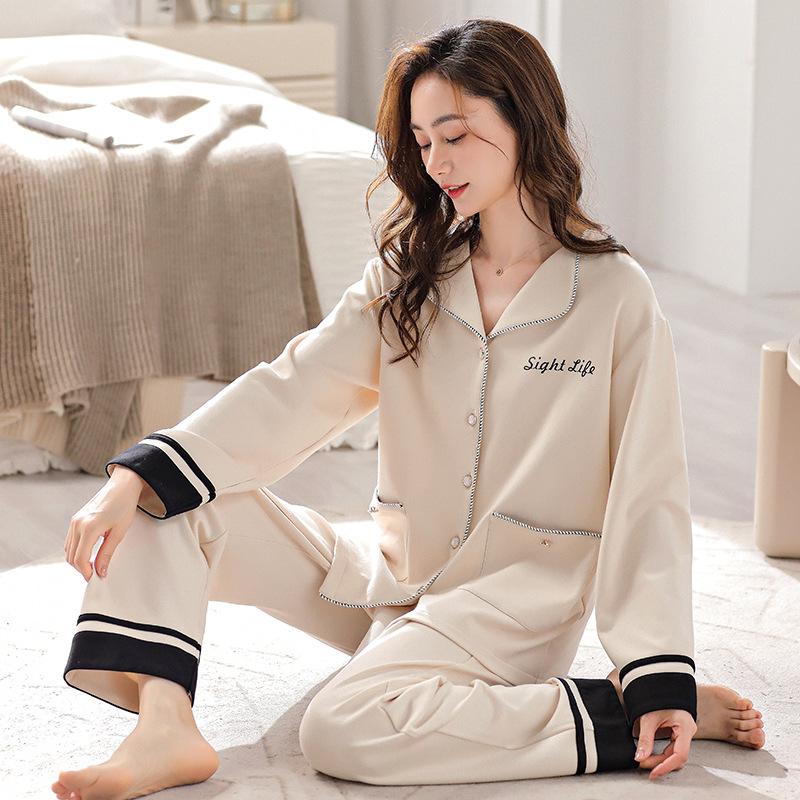 Women's pajamas, spring and autumn style, pure cotton long sleeve, autumn 1011 autumn/winter thin loungewear, 110 jin, simple and casual